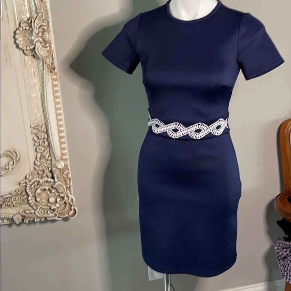 MK  A line navy blue dress with with beads design.